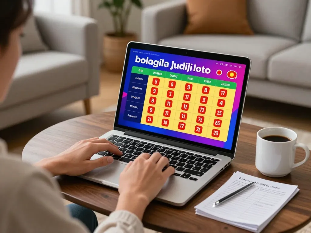 Engaging in Bolagila Judi Lotto betting on a laptop in a cozy home environment.