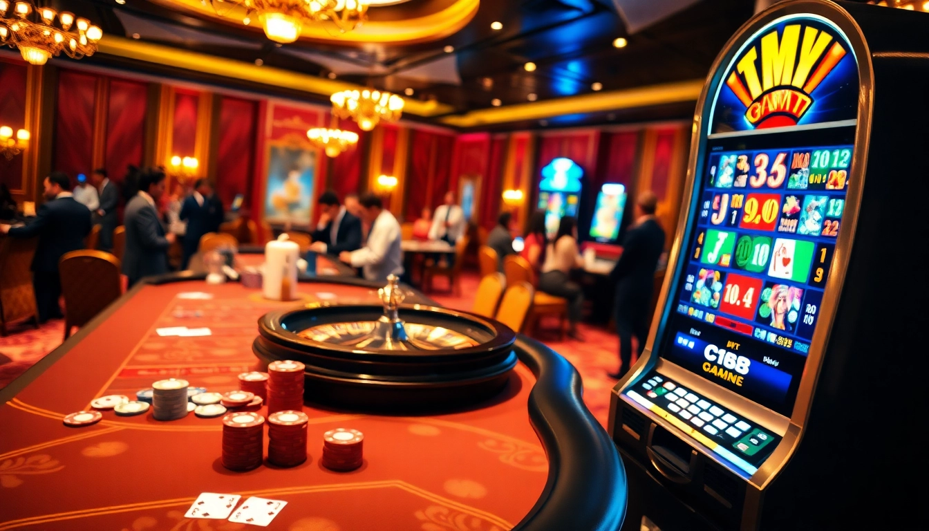 Engaging casino scene showcasing players enjoying C168 GAME with vibrant tables and roulette.