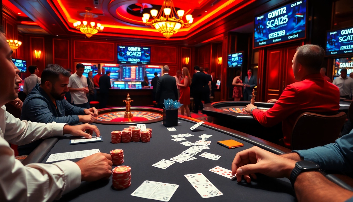 Experience the excitement of gambling with Goal123 at a luxurious poker table in a vibrant casino setting.