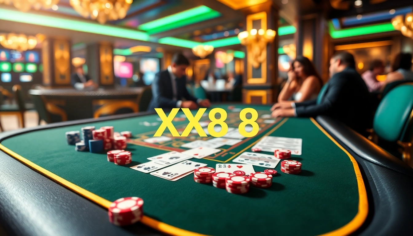 Experience the thrilling games at XX88 casino featuring vibrant tables and engaging players.
