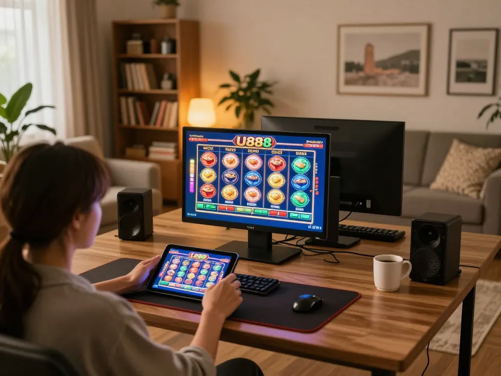Player engaging with exciting U888 slot games on a tablet in a cozy home setting.