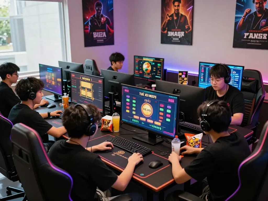 Group of players enjoying tài xỉu md5 in a vibrant gaming setup, showcasing camaraderie and competition.