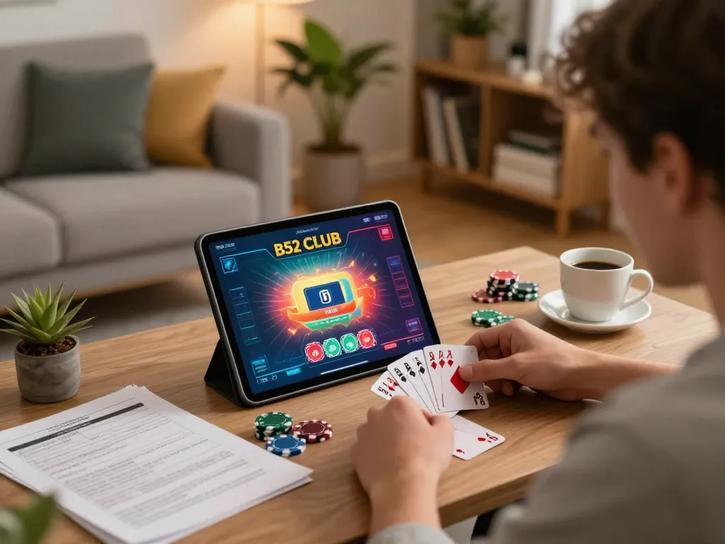 B52 CLUB player strategizing during an online poker game, showcasing vibrant gameplay