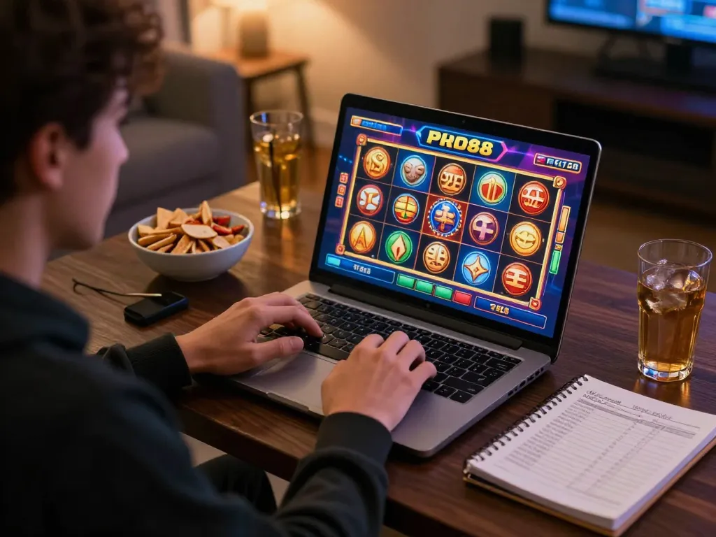 Engaged player using laptop for slot88 gaming with vibrant visuals and a cozy atmosphere.