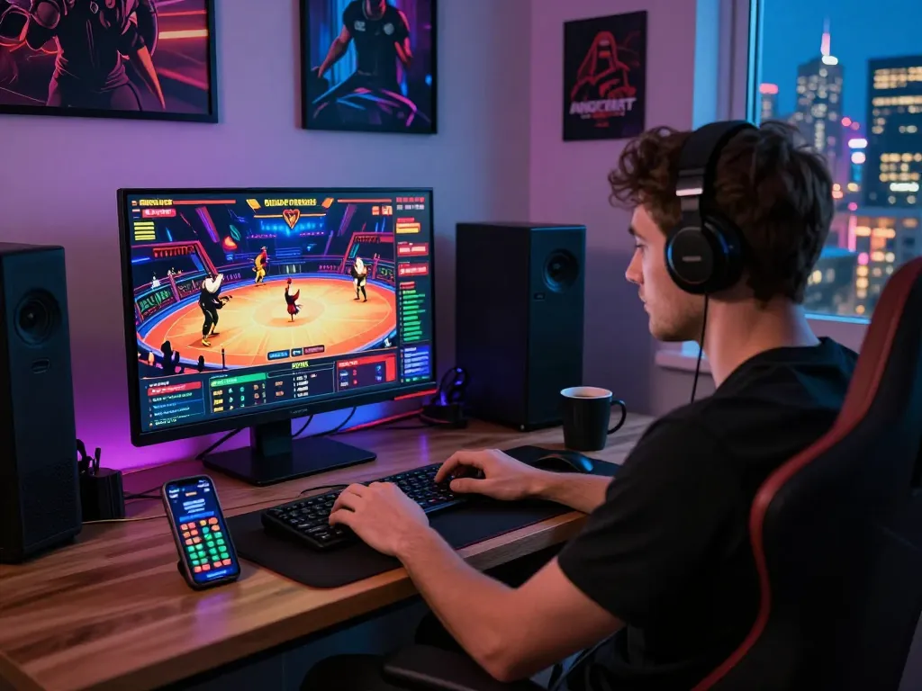 Engaged user enjoying an immersive bl555 online chicken fight betting experience in a vibrant home office.