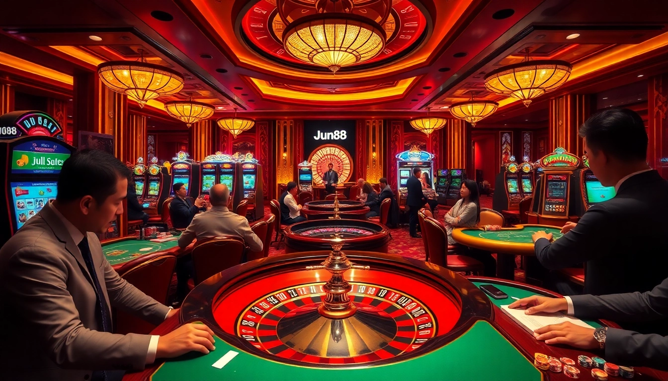 Jun88 players enjoying thrilling casino action at a luxurious gaming table.
