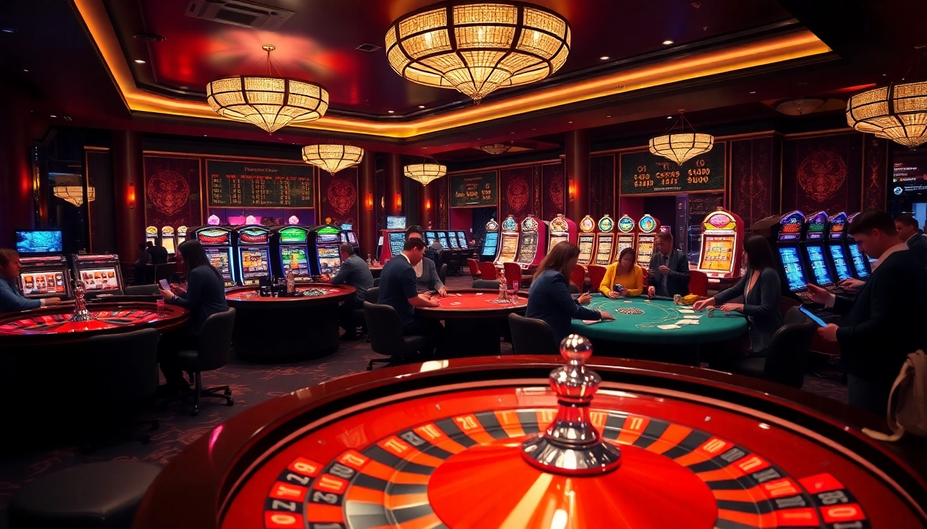 Experience the thrill of gambling at Go8 with vibrant tables, roulette wheels, and players in action.
