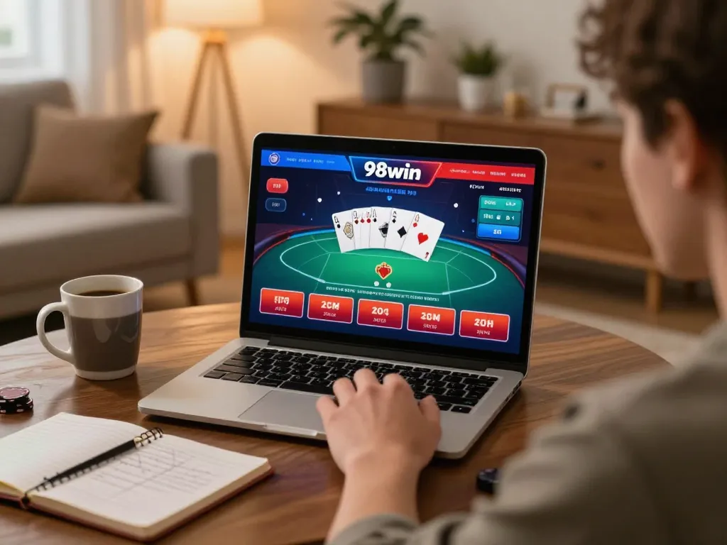 Engaging in online poker gameplay on 98win laptop setup with strategy notes nearby.