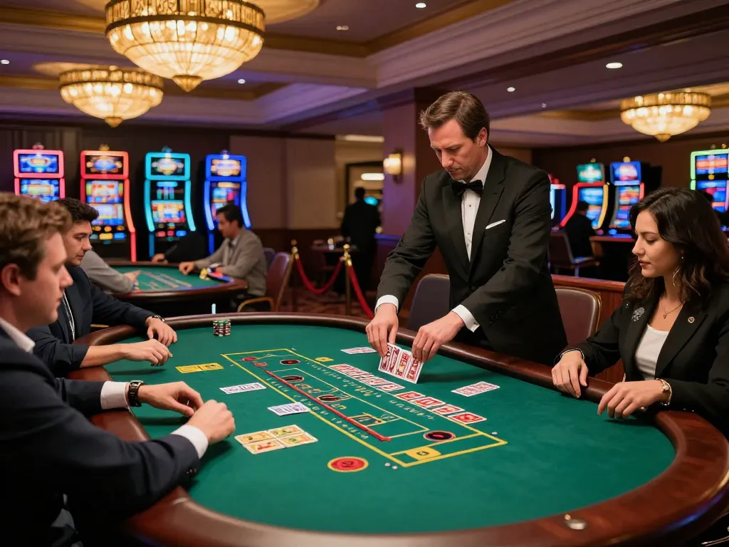 MM88 players engaging in an intense game of blackjack on a vibrant casino floor