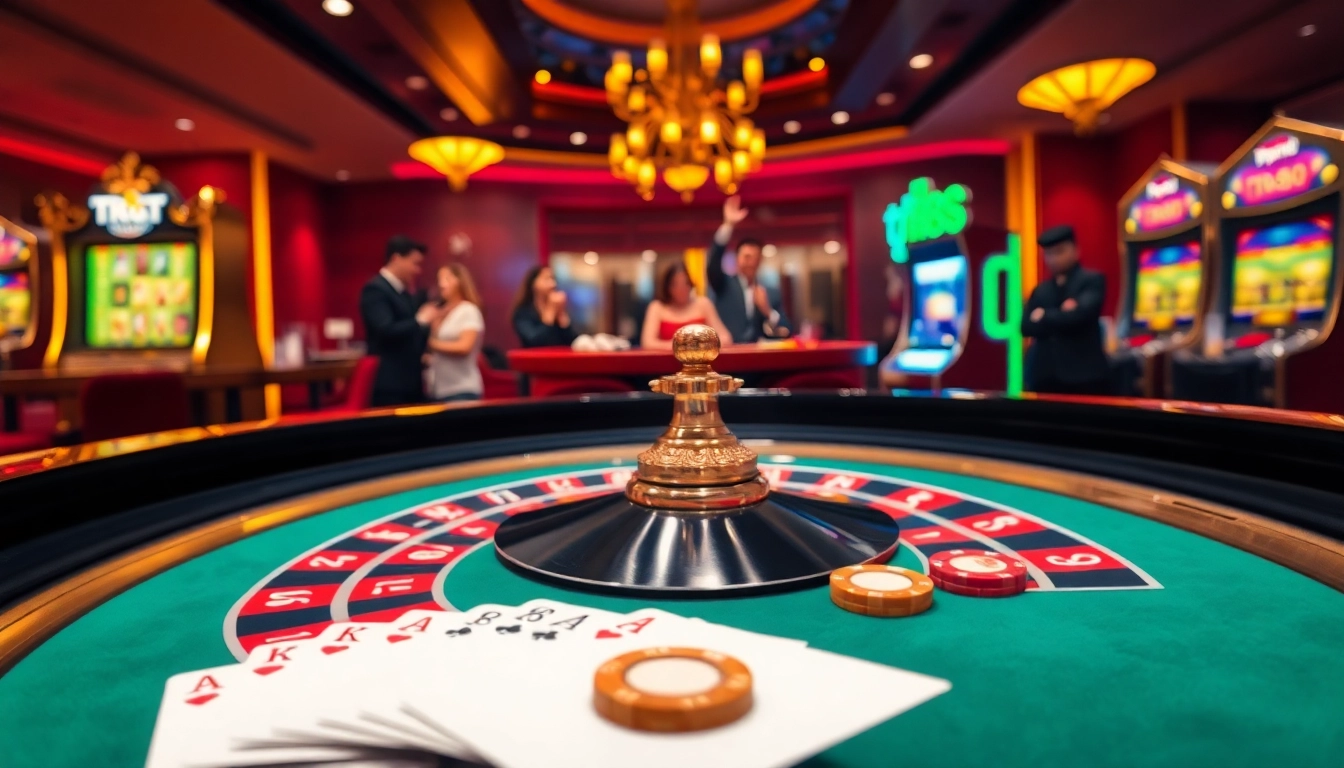 Exciting tr88 winning moment at a luxurious roulette table in a vibrant casino scene.