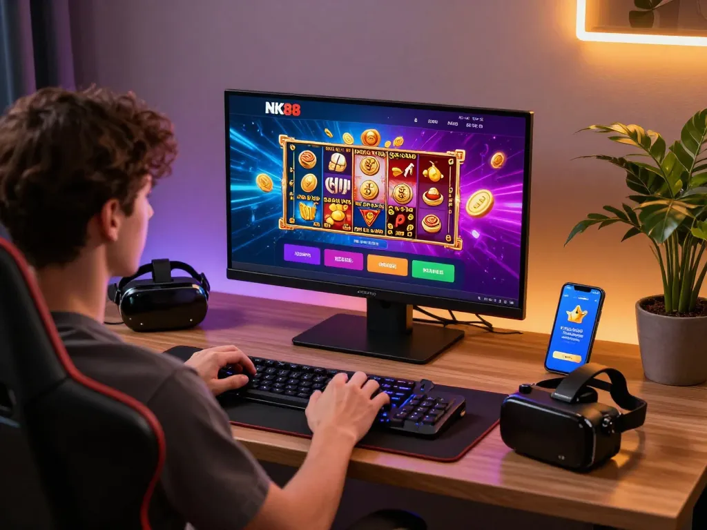 Engaging NK88 online gaming experience with user playing various casino games on a laptop.