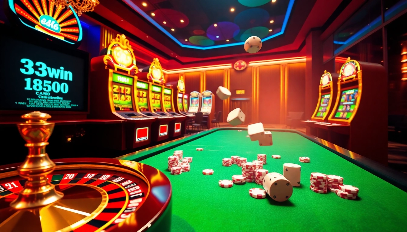 Rasakan sensasi bermain di 33win68 dengan elemen kasino mewah seperti roda roulette dan chip poker.