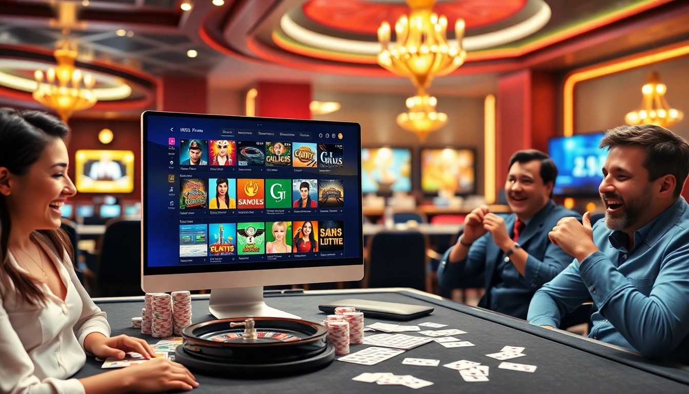 A dynamic gambling scene with gk88.toys interface showcasing slots and live dealer games, excitement and luxury.