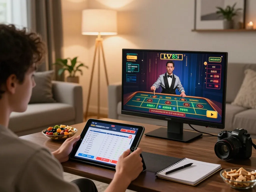 Engaging online gaming experience at LV88 with player immersed in live casino game.