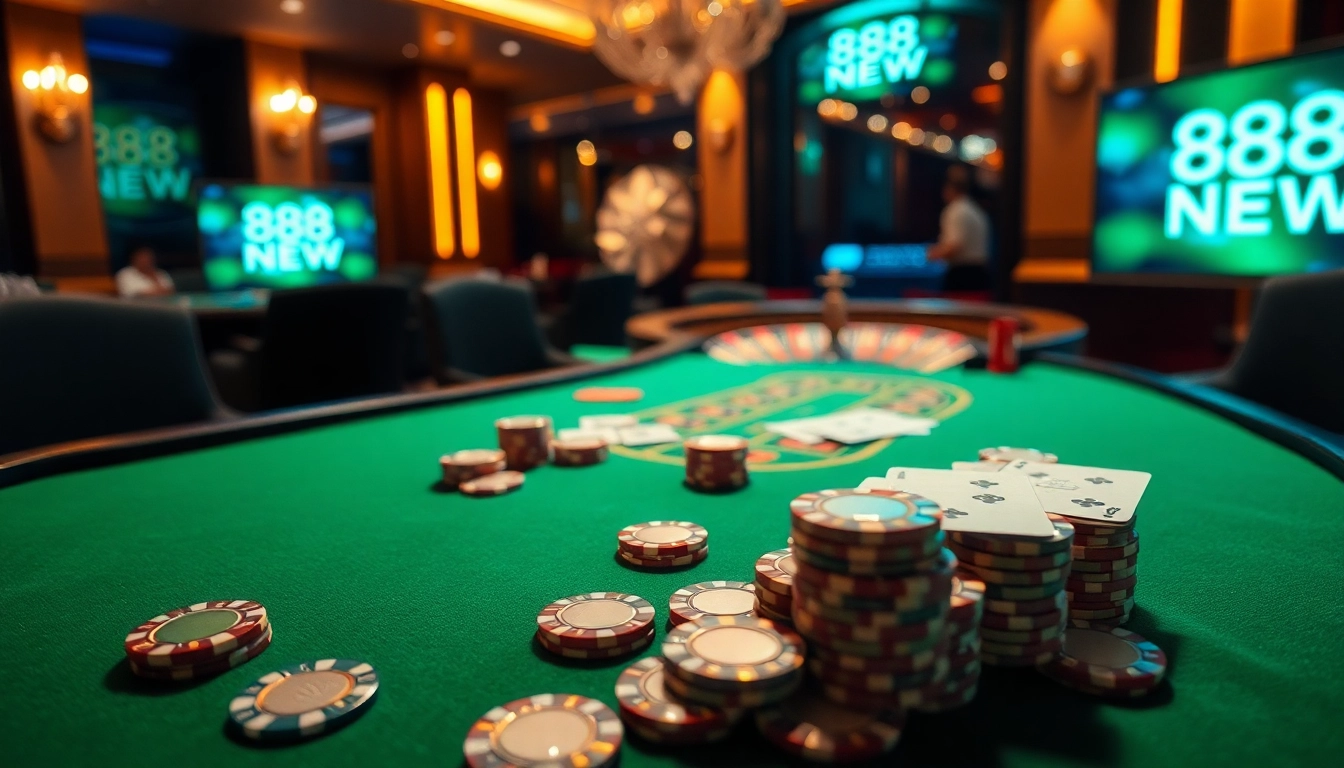 Exciting poker game setup at 888NEW casino with chips and cards.