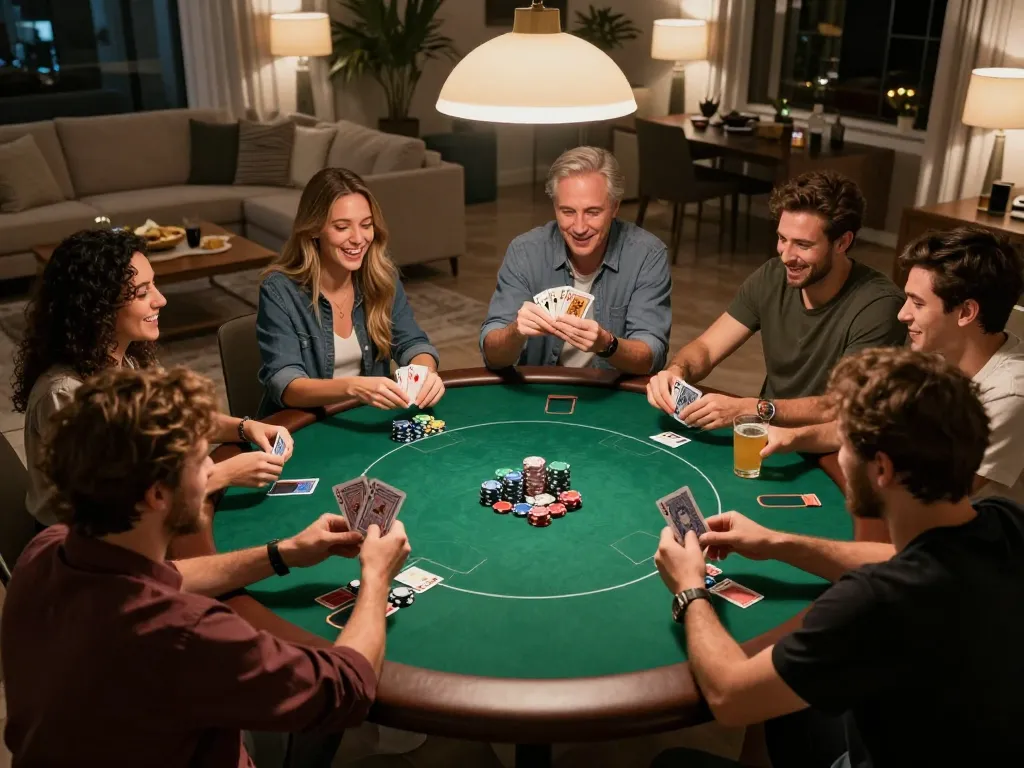 Friends enjoying poker night at home, showcasing fun moments and strategy with 23winy elements.