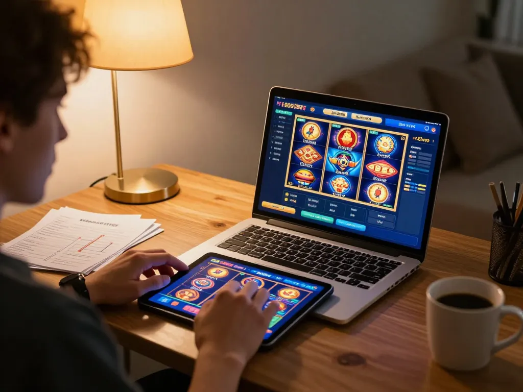 Engaging online gaming experience with kdslot on laptop, showcasing strategic gameplay in a cozy setting.
