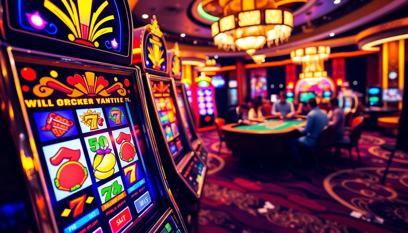 A stunning slot machine in a vibrant casino setting, showcasing exciting gameplay and colorful lights.
