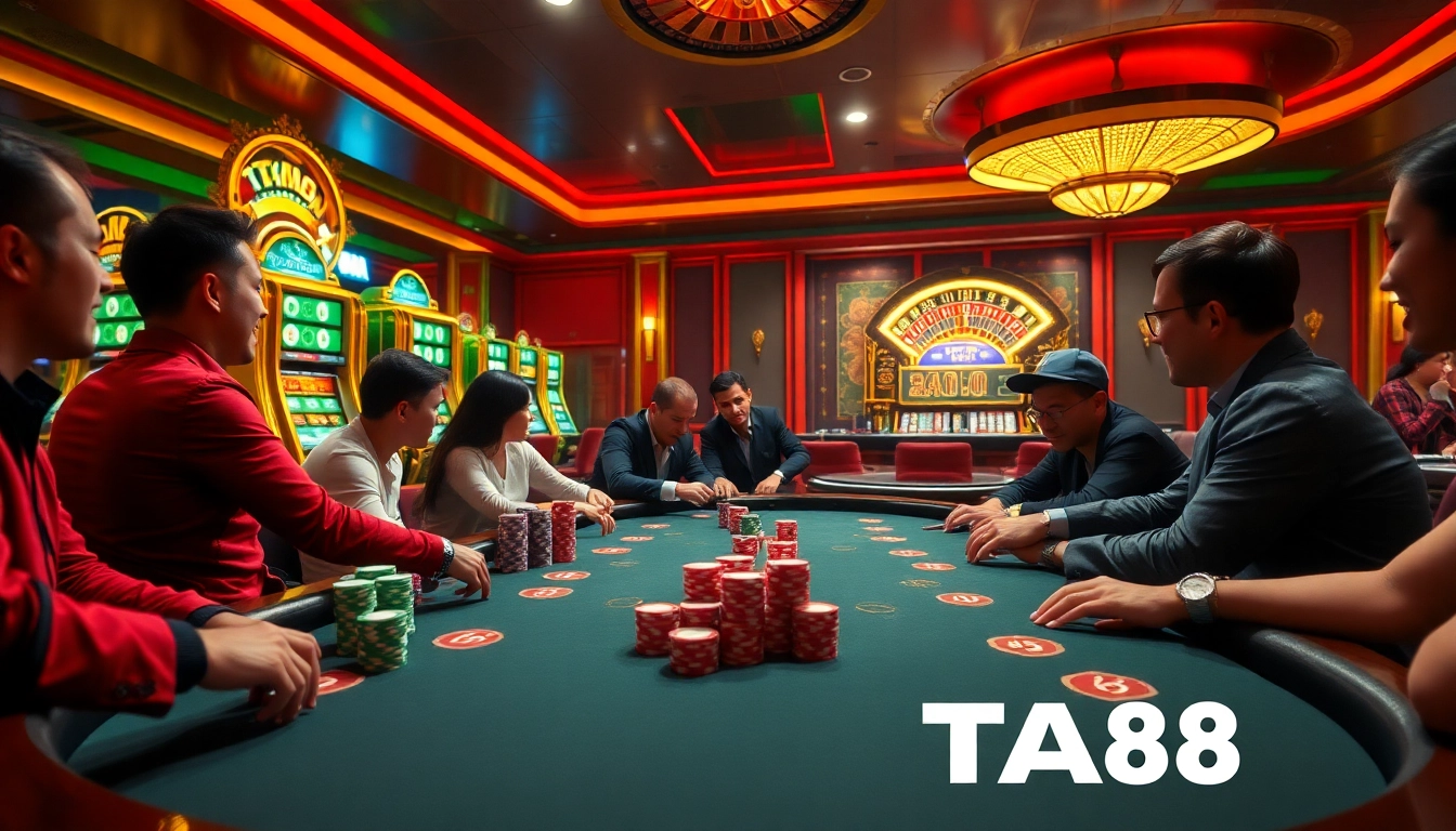 Experience excitement at TA88's high-stakes poker table surrounded by vibrant gameplay and colorful chips.