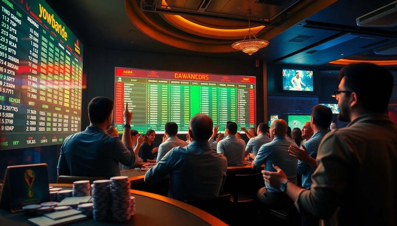 Excited bettors engage in Judi Bola Piala Dunia betting at a bustling casino, capturing the thrill of the game.