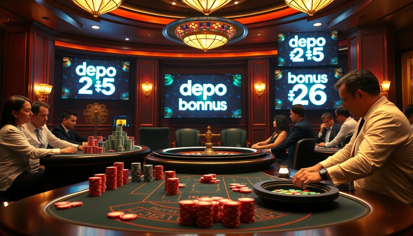Experience the thrill of "depo 25 bonus 26" with vibrant casino tables, engaging players, and vibrant poker chips.