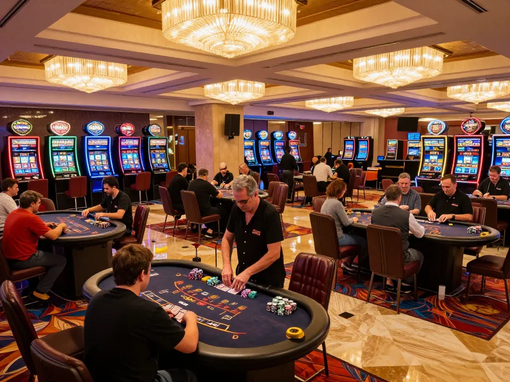Pemain menikmati blackjack di gg999 dalam suasana kasino yang hidup dengan dekorasi yang elegan.