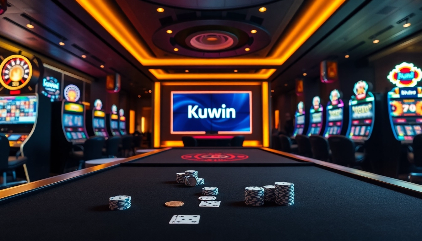 Kuwin gaming scene with poker chips and cards surrounded by bright slot machines, conveying excitement.