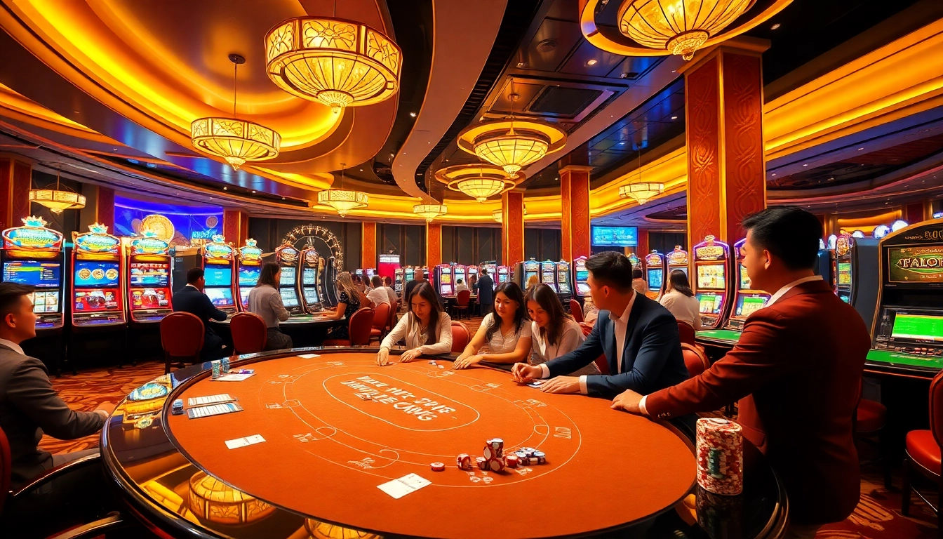 Players enjoying the exhilarating game bài đổi thưởng in a vibrant casino setting.