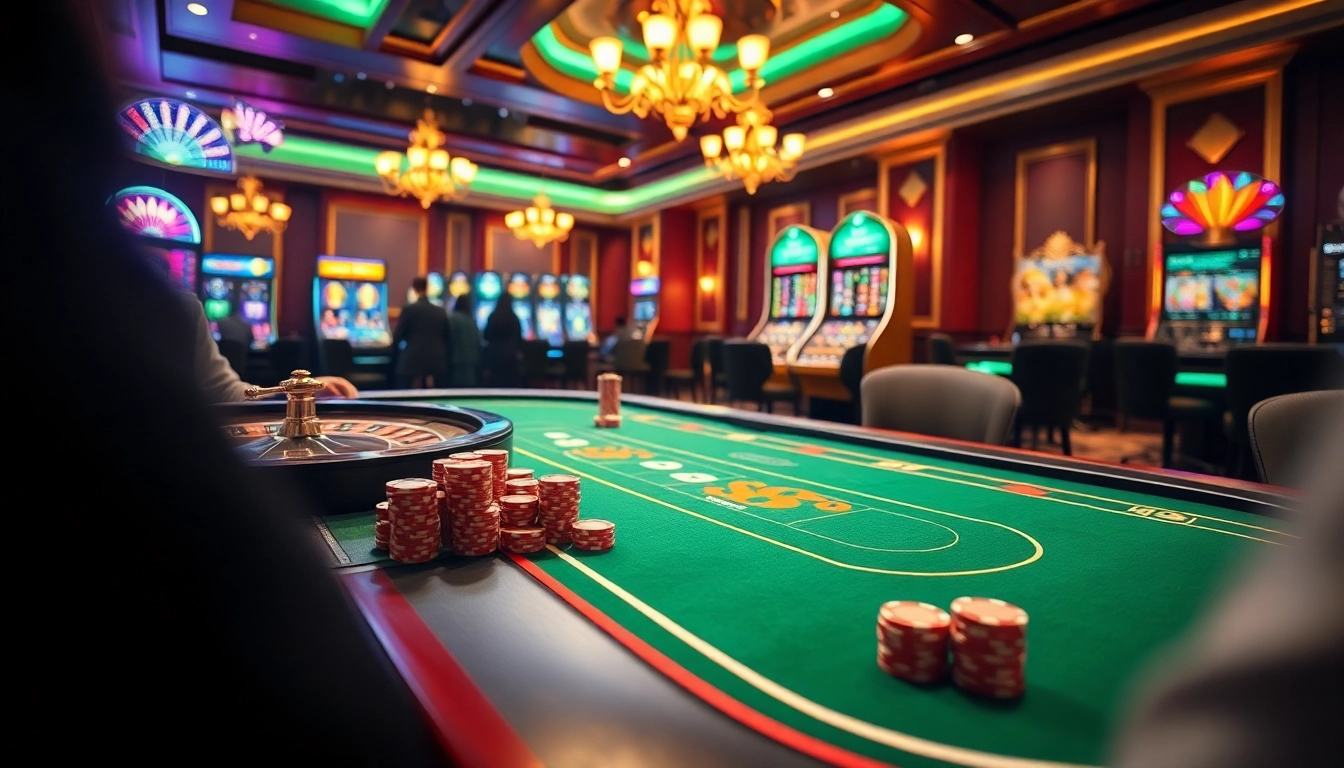 Experience thrilling bets at Taya365 with a luxurious casino scene featuring a poker table and roulette wheel.