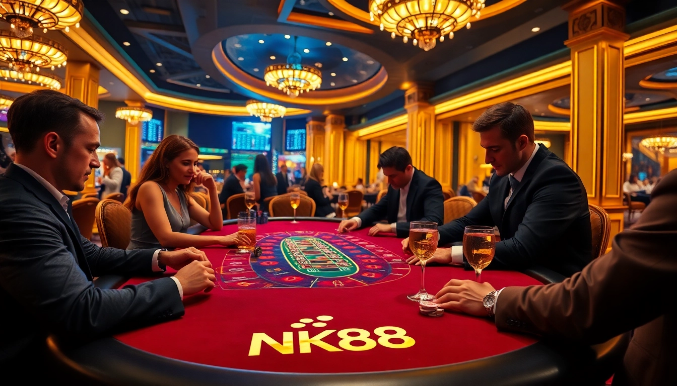 Experience thrilling gameplay at https://nk88vip.it.com/, featuring a luxurious casino scene with excited players engaged in blackjack.