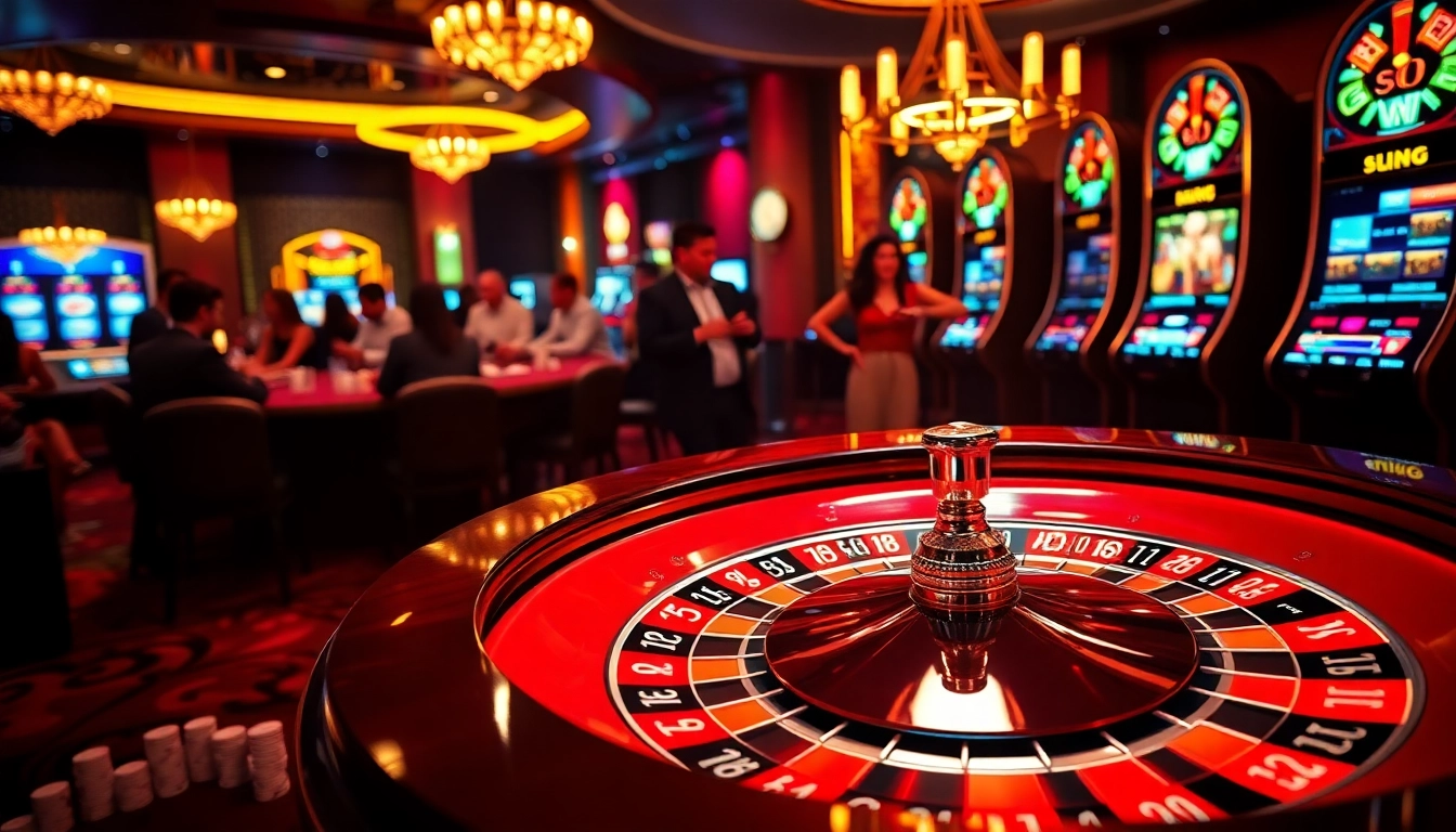 Experience the thrill of gaming at luck8's vibrant casino with poker tables and roulette wheels.