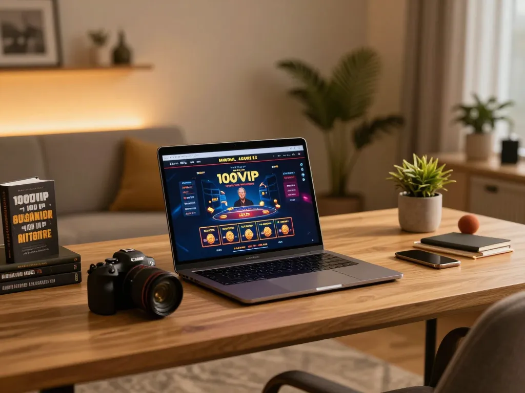 Engaged player using 100VIP online casino platform on a laptop in a cozy home setup, emphasizing responsible gaming.