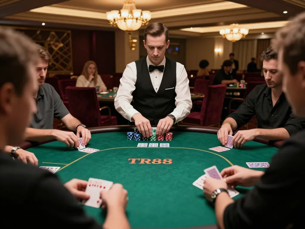 Players strategizing at a TR88 poker table in luxurious casino lighting, chips stacked high.