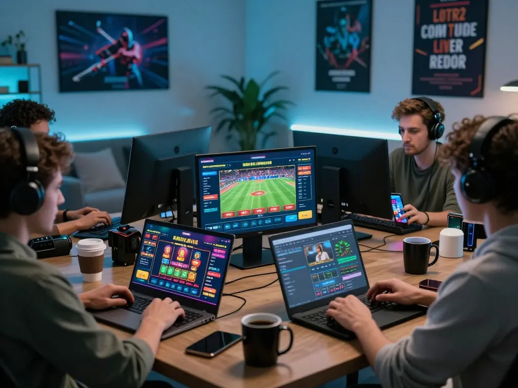 Engaged players exploring mb66.com online betting platform in modern home office.