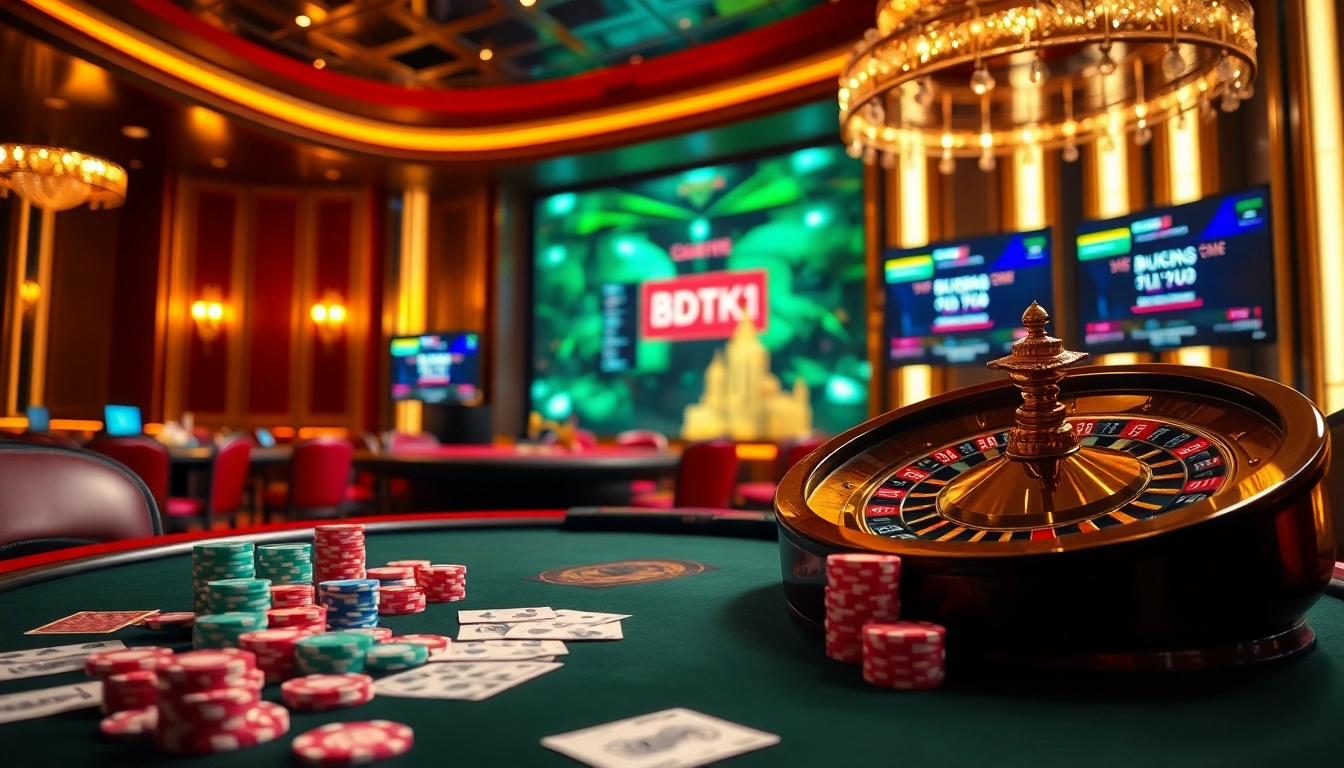 Engage in high-stakes gaming with BDTK1 at a vibrant casino table featuring cards and chips.