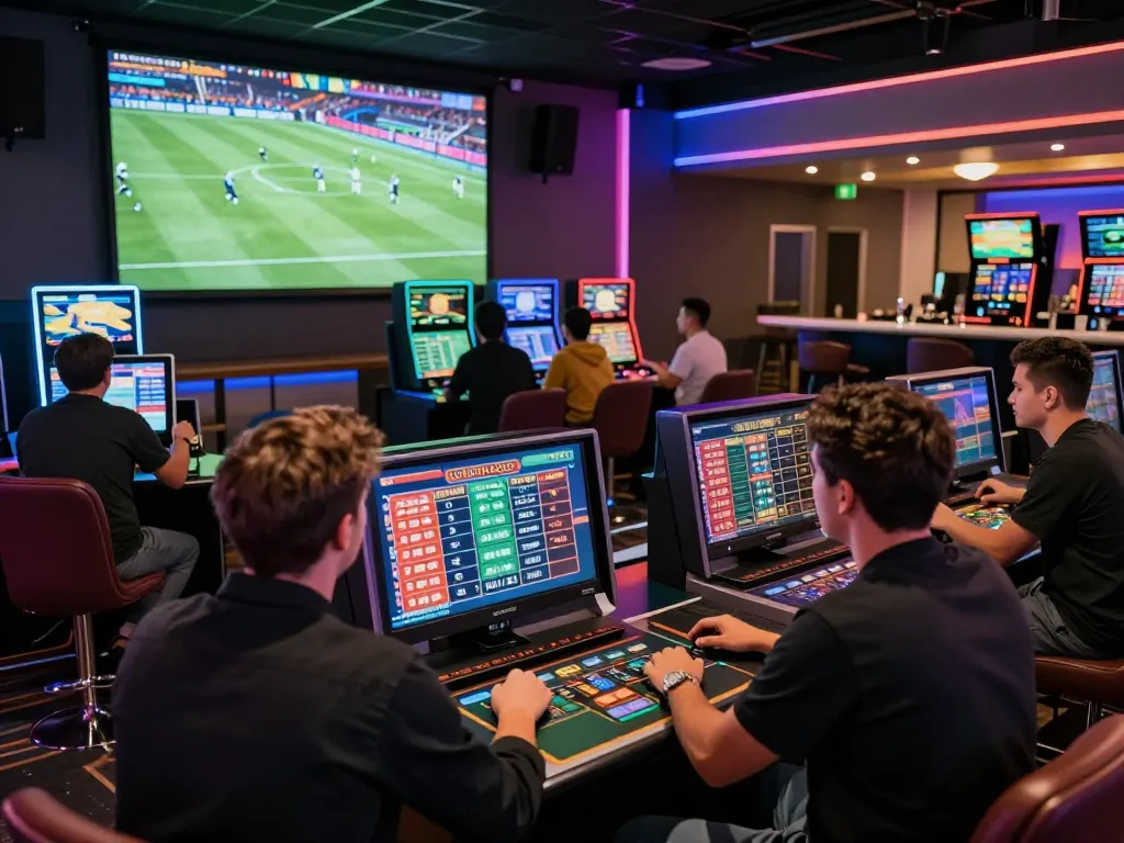 1gom online betting enthusiasts placing bets in a vibrant virtual casino.