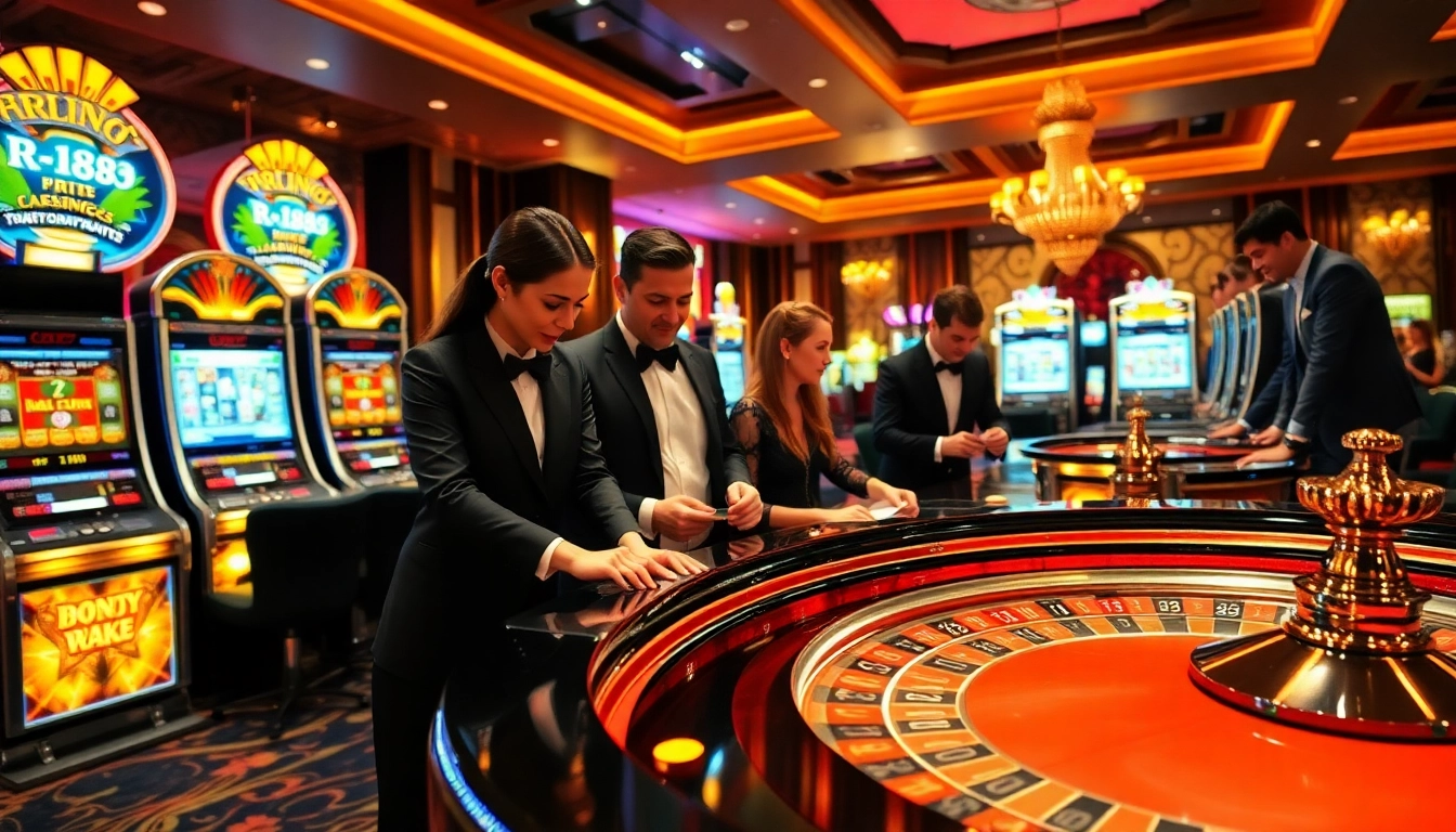 Experience the thrill of gambling at RR88 with vibrant casino visuals showcasing roulette and slot machines.