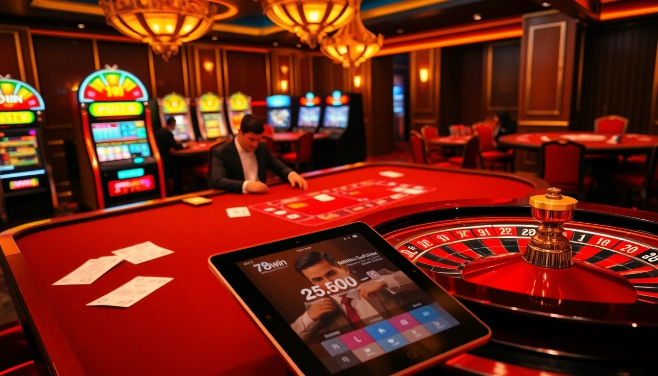 Engaging gamblers in a high-stakes casino scene at https://78winel.com/ with poker, slots, and luxury.