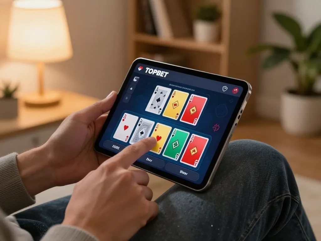 Engaging gameplay on TOPBET app showing mobile blackjack betting action in a cozy home setting.