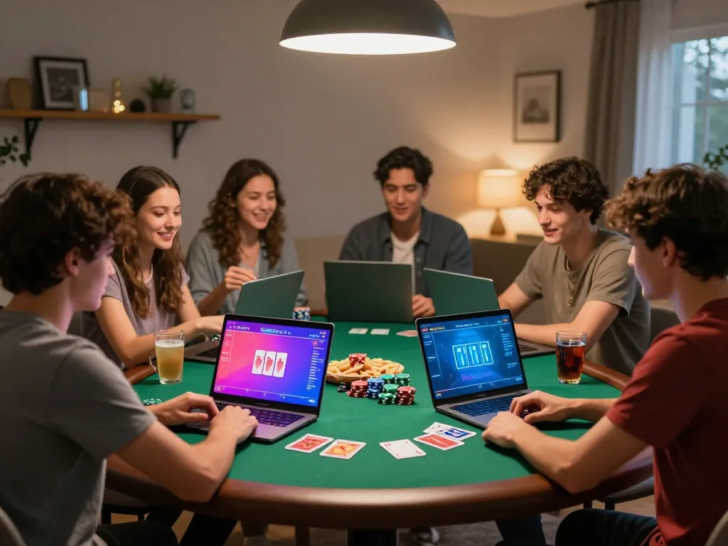 Friends enjoying online poker at home with 88aa casino interface on display.