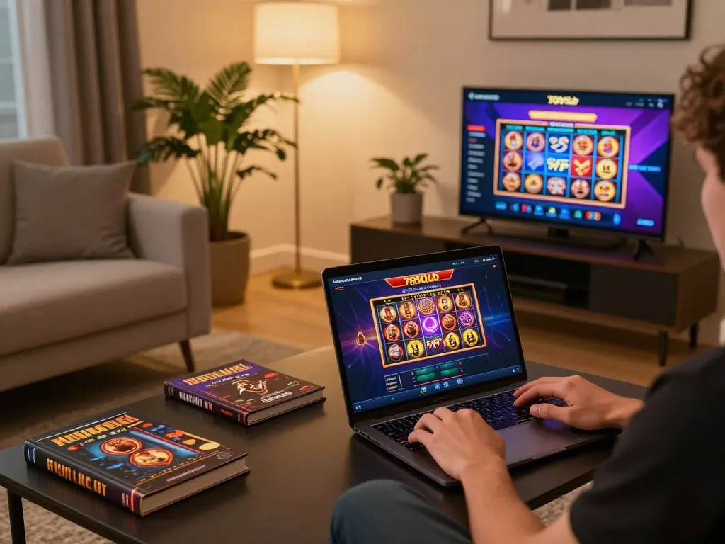 Engaged player enjoying slot games on 789club with a laptop in a vibrant home setting.