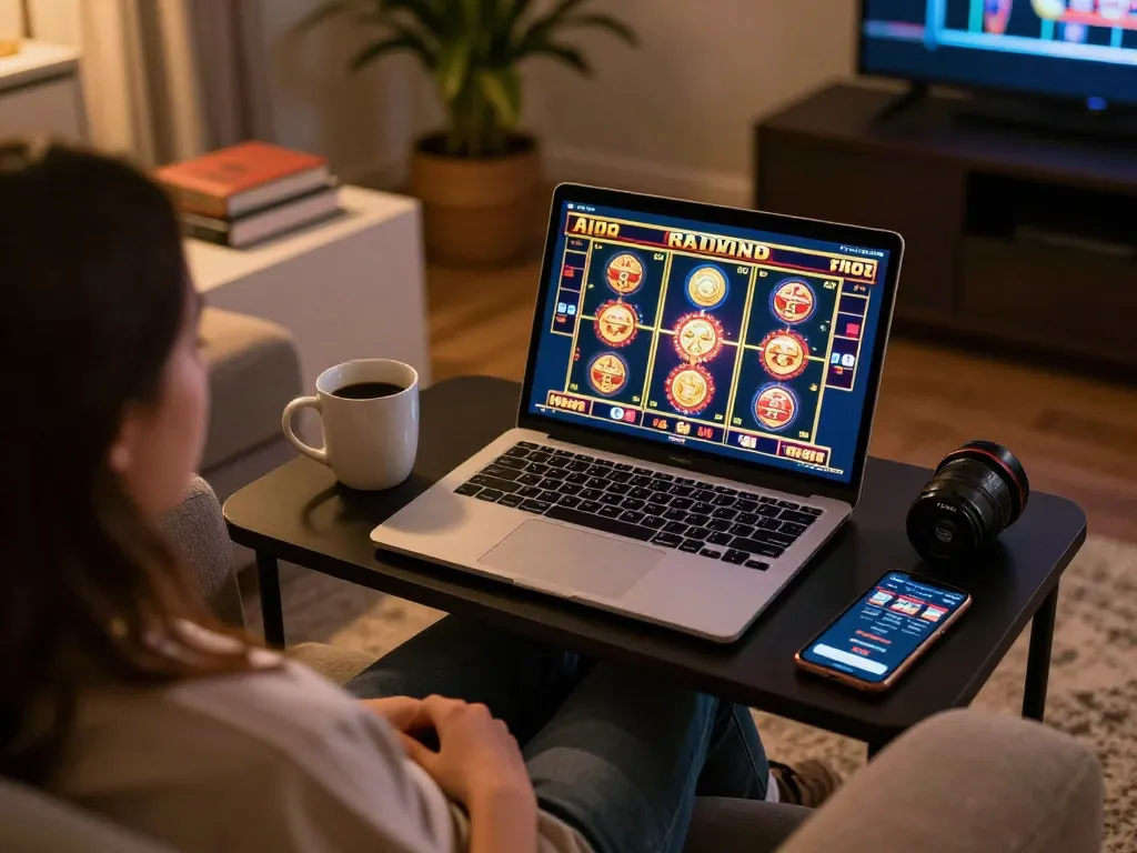 Engaged player gaming on 45678 slot machines through a laptop in a cozy home setting.
