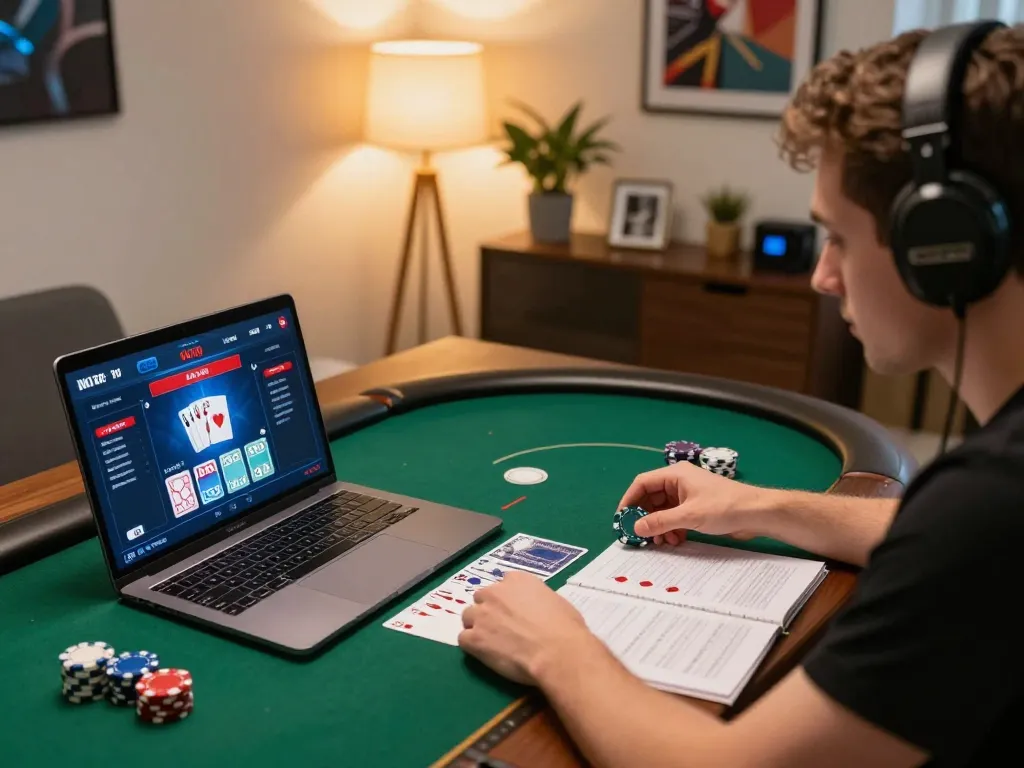 Player engaging in online poker game on a laptop, showcasing strategic gameplay and the excitement of da88 betting.