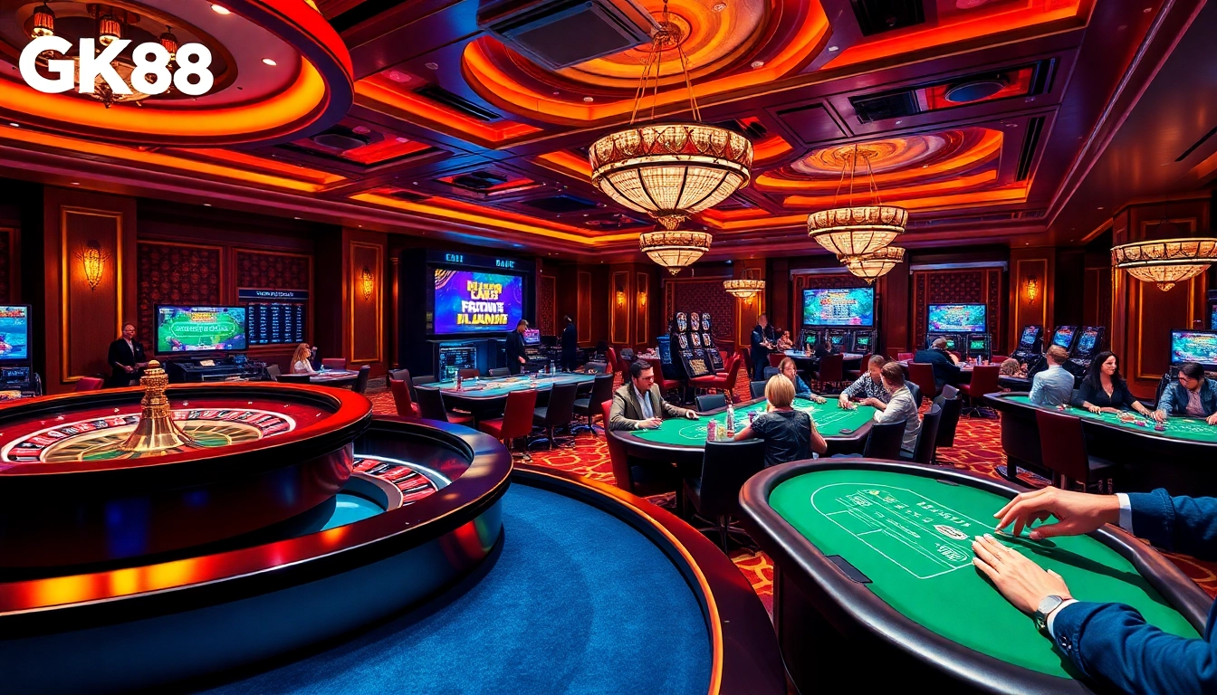 Experience the excitement of GK88 with vibrant casino tables, players, and gaming interfaces.