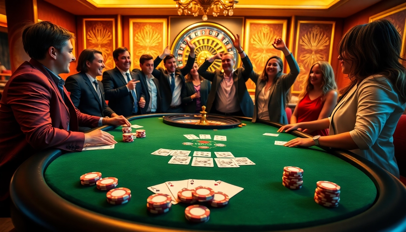 Gambling excitement at a mint88-inspired poker table with players celebrating a big win.
