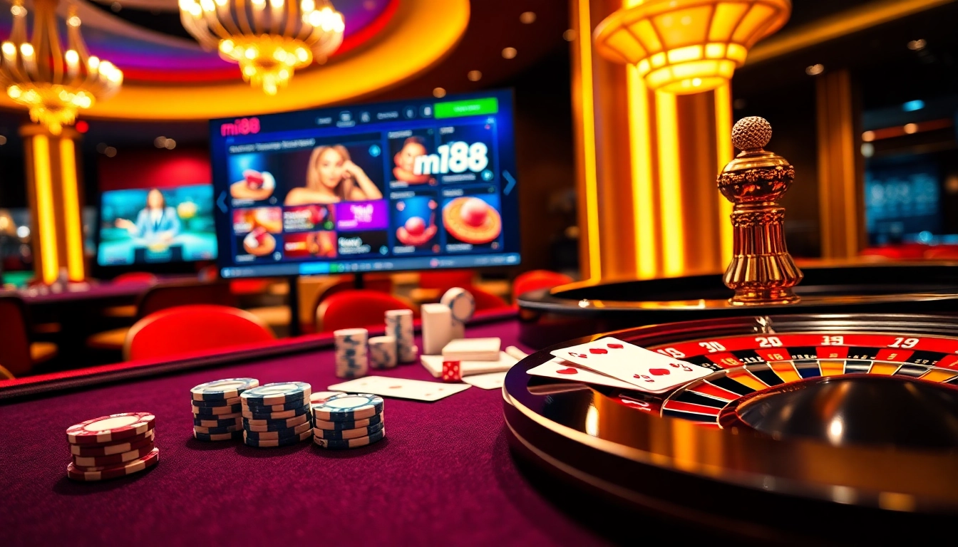 Experience the excitement of mi88 with a vibrant casino scene showcasing poker and roulette.