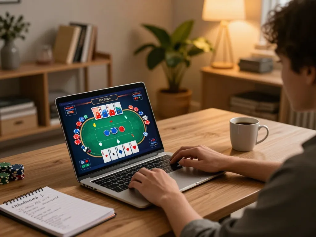 Player enjoying poker on laptop during a relaxing evening at home, exploring 8k8 online casino.
