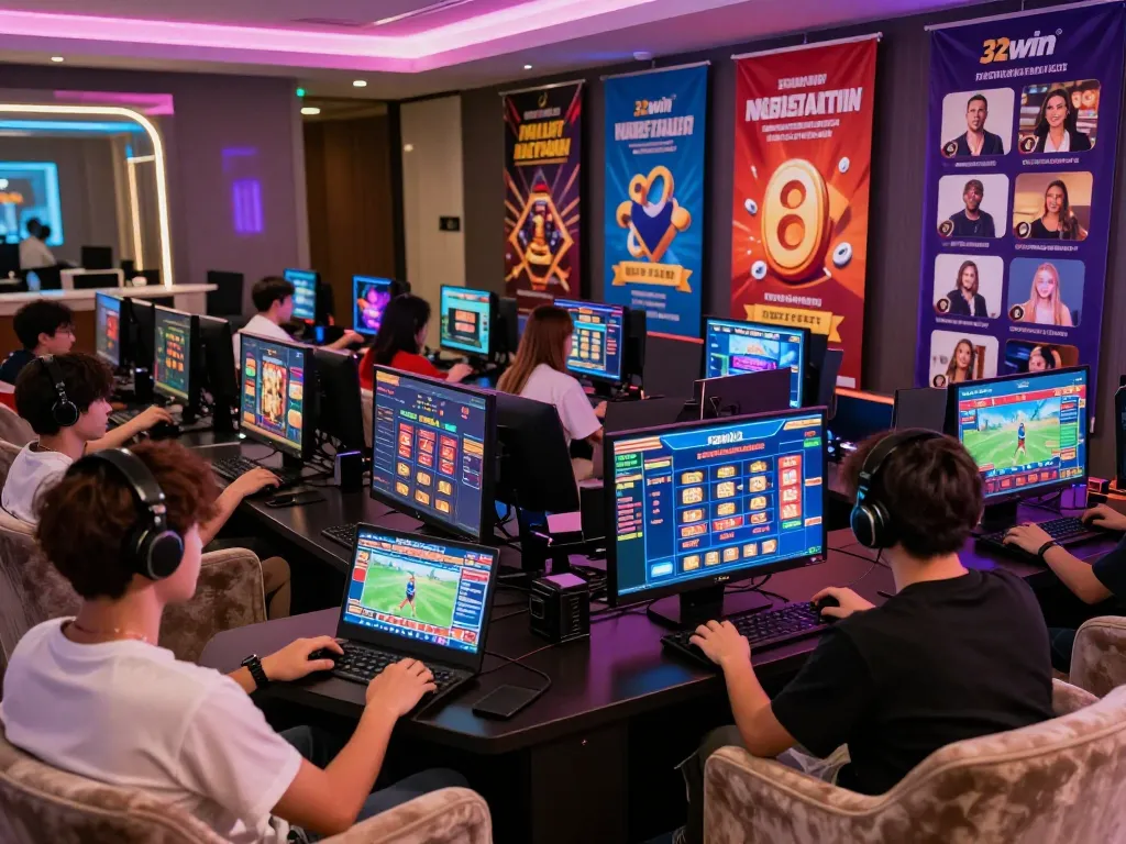 Engaged players enjoying 32win casino games in a vibrant gaming lounge.