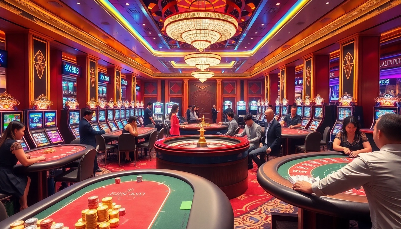 Players enjoying a thrilling game at xin88, with vibrant poker tables and illuminated slot machines.