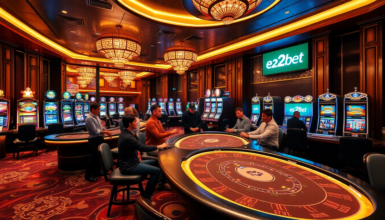 E2bet casino players thrilled around poker tables in a luxurious gaming environment.